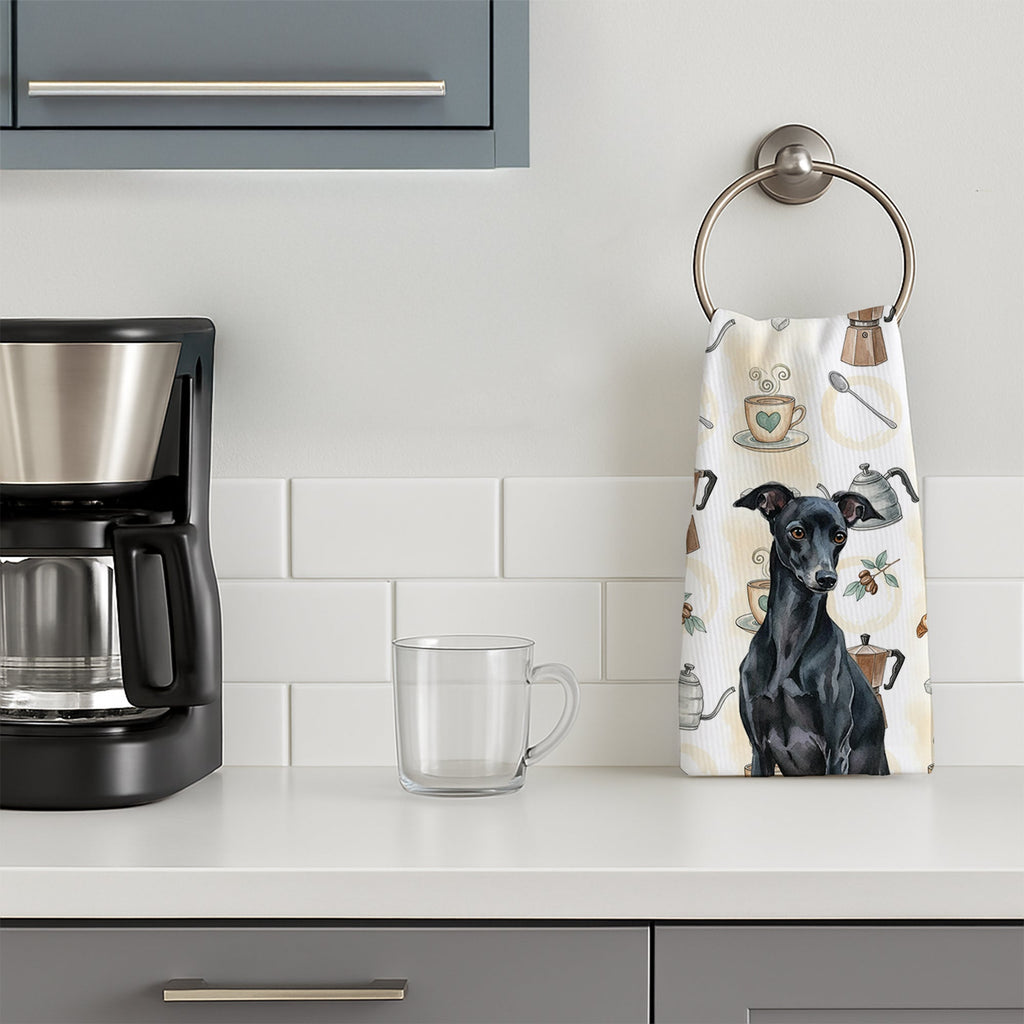 Black Italian Greyhound Coffee Bar Kitchen Towel Velour Plush Front and Cotton Loop Back Machine Washable