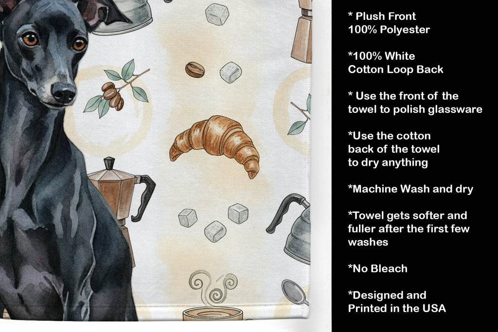 Black Italian Greyhound Coffee Bar Kitchen Towel Velour Plush Front and Cotton Loop Back Machine Washable