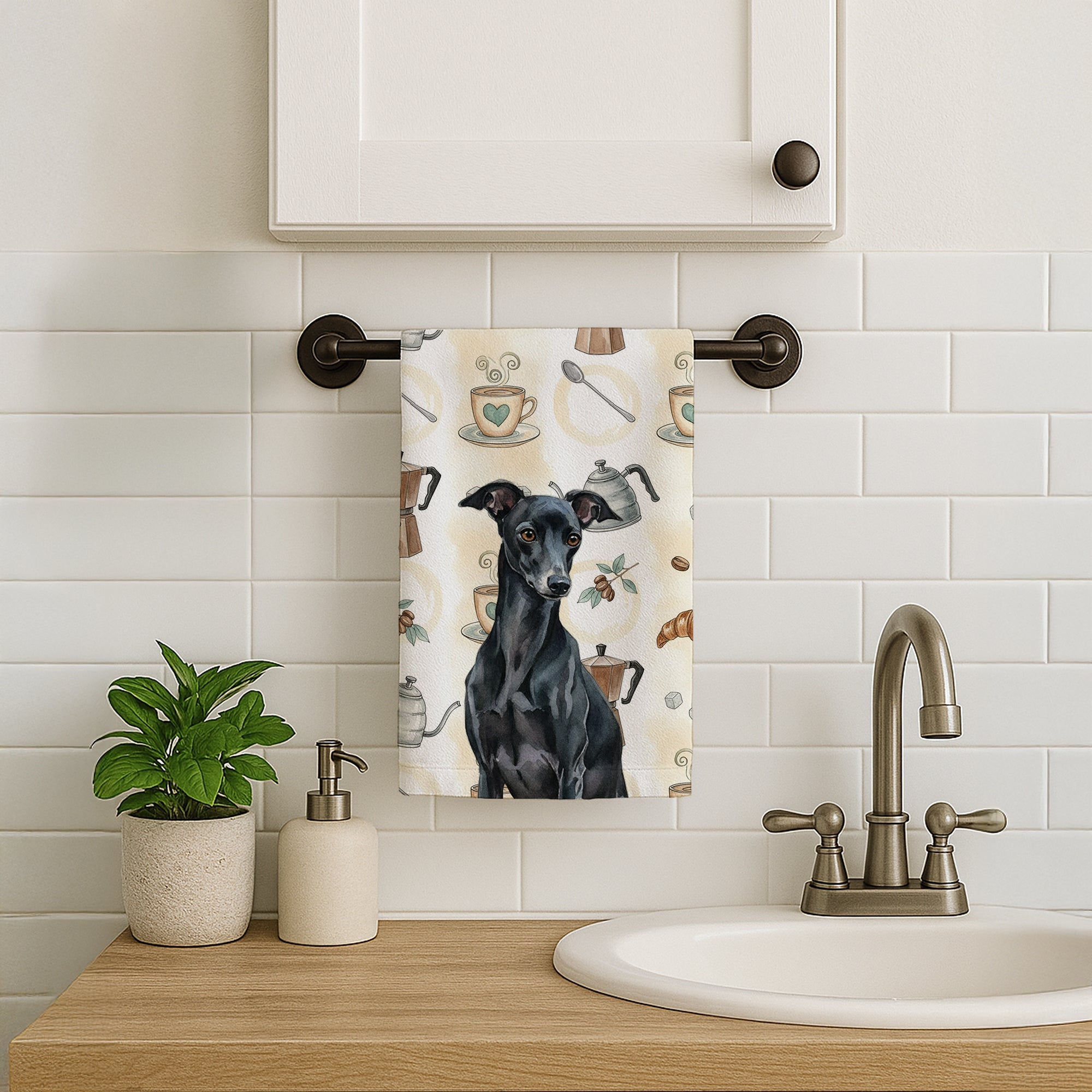 Black Italian Greyhound Coffee Bar Kitchen Towel Velour Plush Front and Cotton Loop Back Machine Washable
