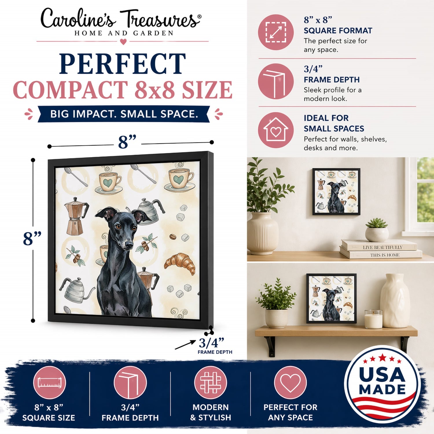 Black Italian Greyhound Coffee Bar Framed Metal Print Bathroom, Kitchen, Office, Home Decor Wall Art Ready to Hang, Square, 8X8