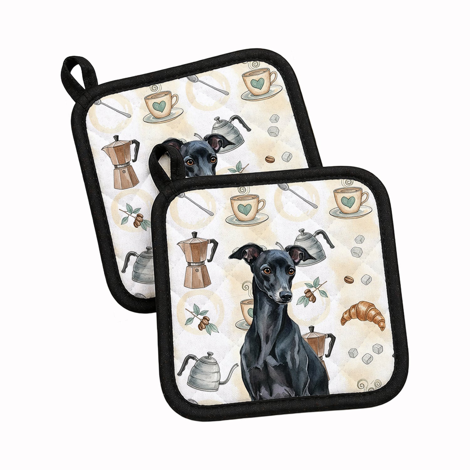 Black Italian Greyhound Coffee Bar Pot Holder Set of 2 Heat Resistant Quilted Hot Pads 7.5 x 7.5 Inch, Insulated Kitchen Trivets for Cooking & Baking