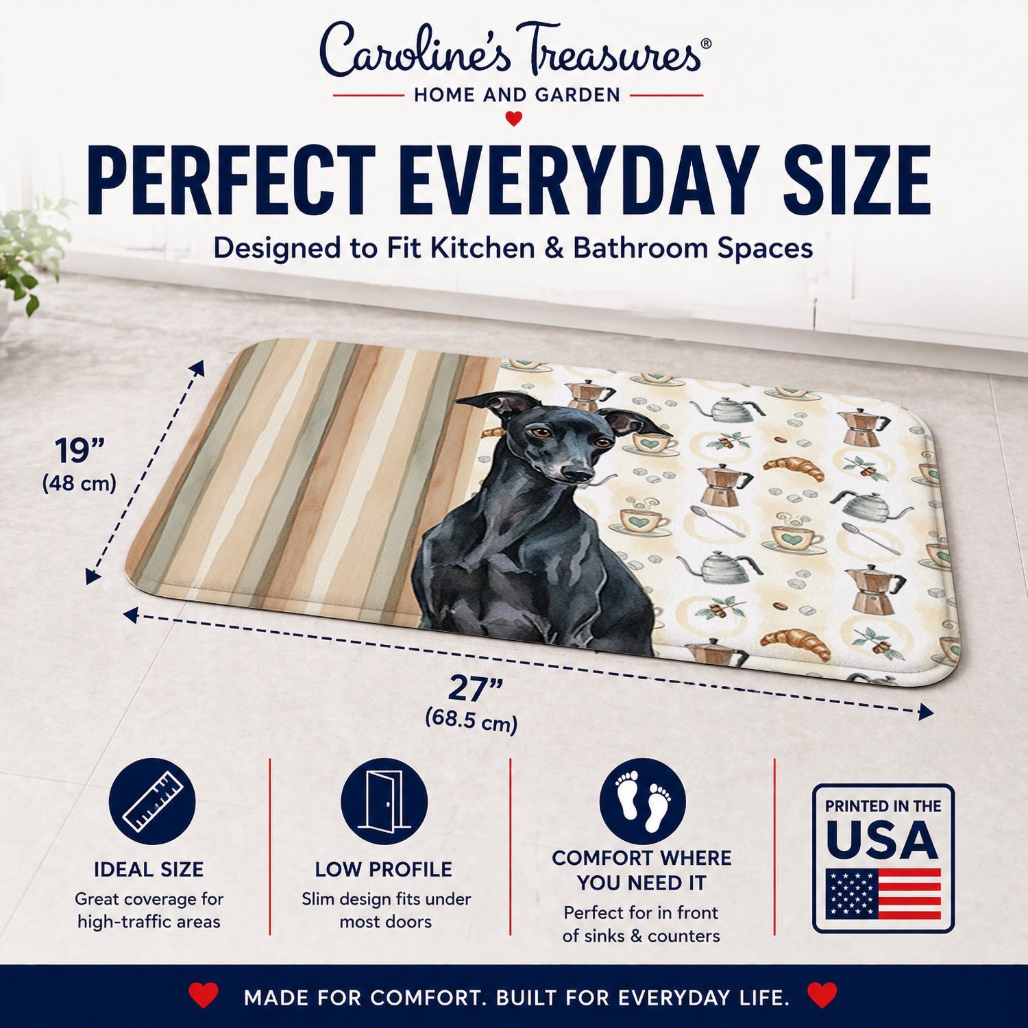 Black Italian Greyhound Coffee Bar Memory Foam Kitchen Mat Machine Washable Anti-Fatigue Cushion Comfort Bath or Kitchen Rug
