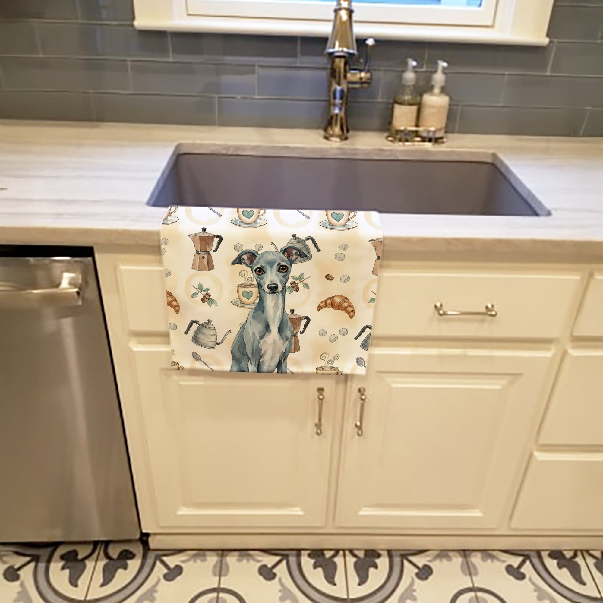 Blue Italian Greyhound Coffee Bar Kitchen Towel Velour Plush Front and Cotton Loop Back Machine Washable