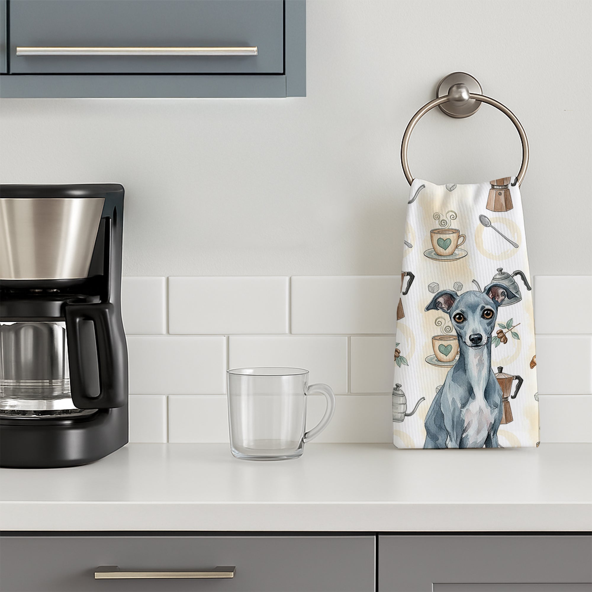 Blue Italian Greyhound Coffee Bar Kitchen Towel Velour Plush Front and Cotton Loop Back Machine Washable