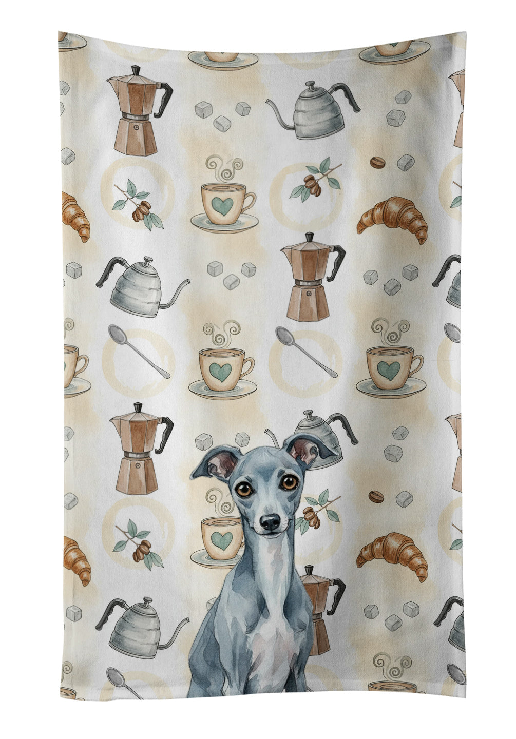 Blue Italian Greyhound Coffee Bar Kitchen Towel Velour Plush Front and Cotton Loop Back Machine Washable