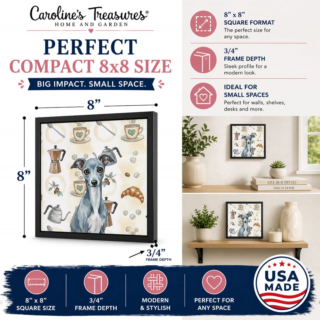 Blue Italian Greyhound Coffee Bar Framed Metal Print Bathroom, Kitchen, Office, Home Decor Wall Art Ready to Hang, Square, 8X8
