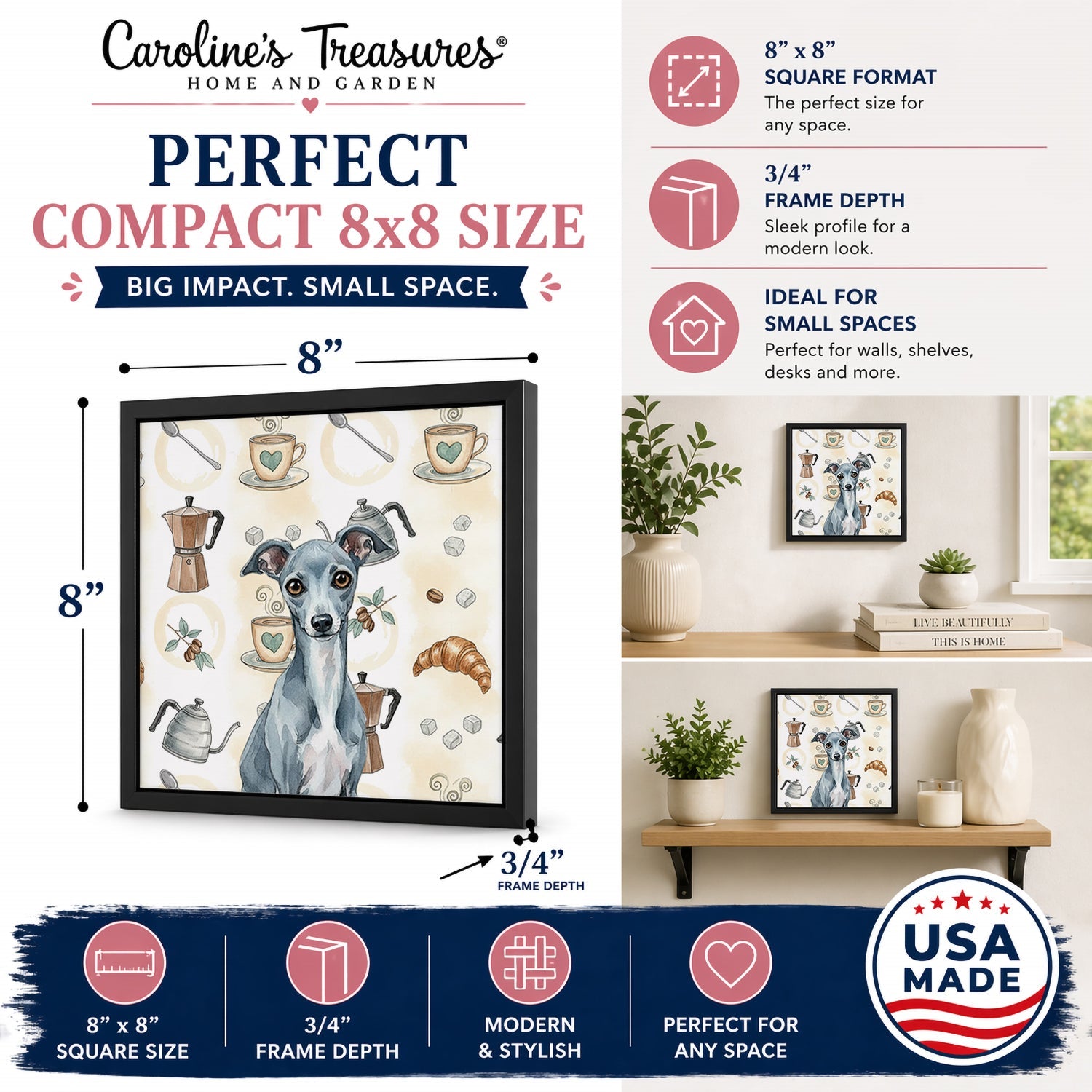 Blue Italian Greyhound Coffee Bar Framed Metal Print Bathroom, Kitchen, Office, Home Decor Wall Art Ready to Hang, Square, 8X8
