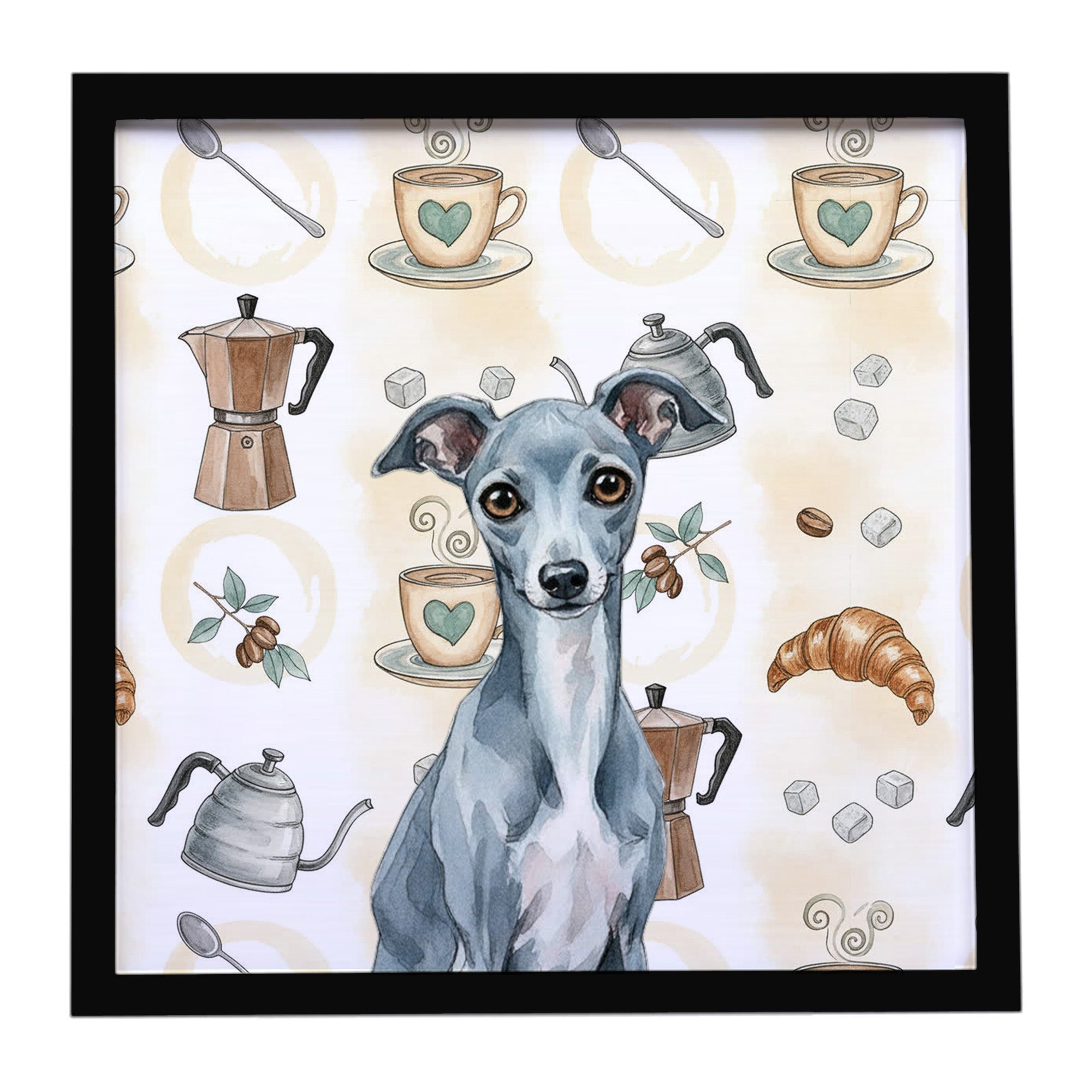 Blue Italian Greyhound Coffee Bar Framed Metal Print Bathroom, Kitchen, Office, Home Decor Wall Art Ready to Hang, Square, 8X8