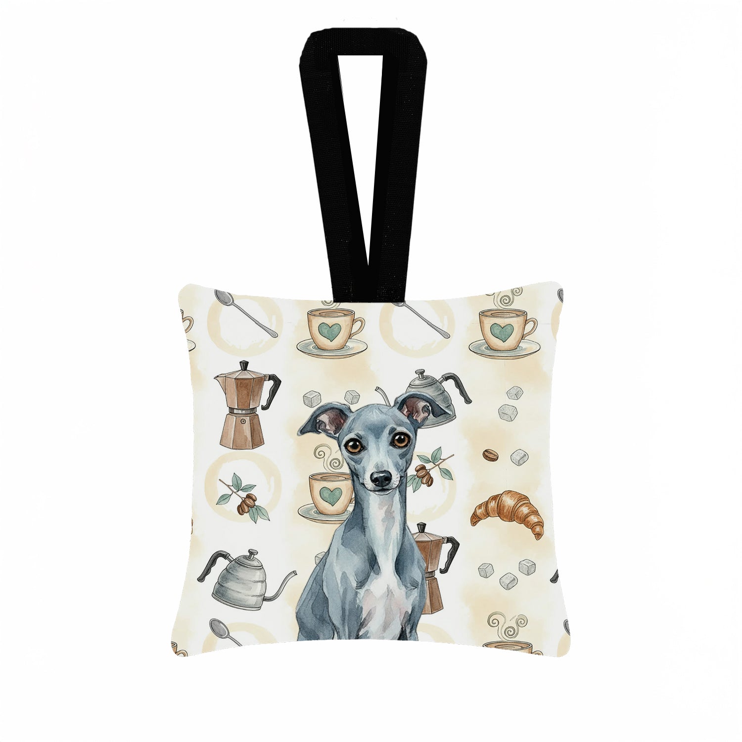 Blue Italian Greyhound Coffee Bar Hanging Square Fabric Ornament 3.5 � 3.5 Decorative Door-Knob & Tree Hanger, Soft Fabric