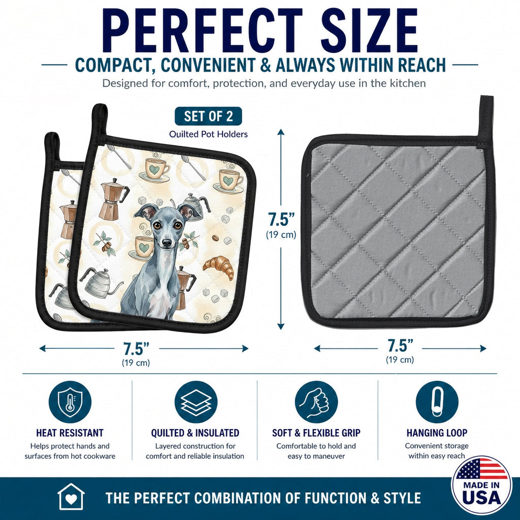 Blue Italian Greyhound Coffee Bar Pot Holder Set of 2 Heat Resistant Quilted Hot Pads 7.5 x 7.5 Inch, Insulated Kitchen Trivets for Cooking & Baking