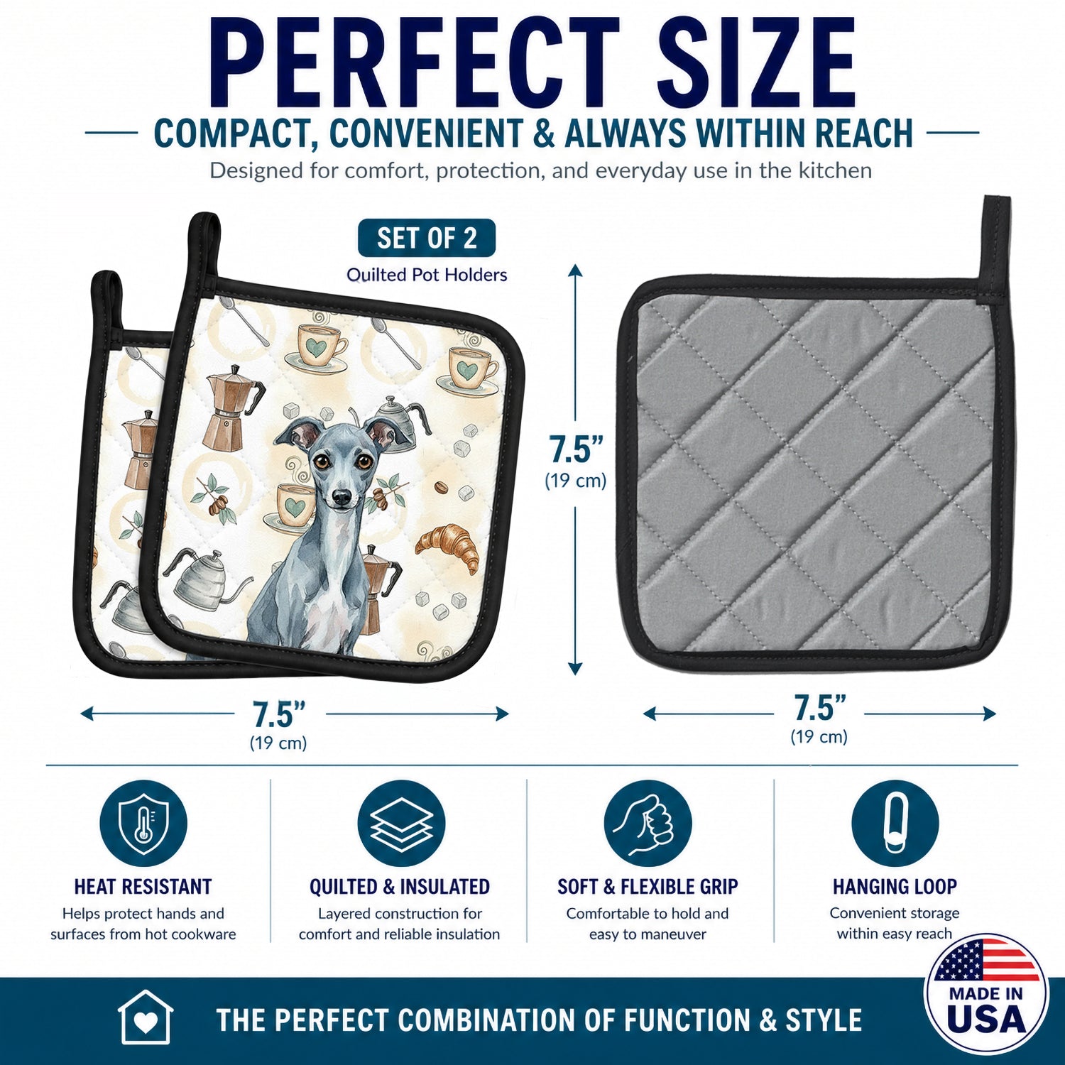 Blue Italian Greyhound Coffee Bar Pot Holder Set of 2 Heat Resistant Quilted Hot Pads 7.5 x 7.5 Inch, Insulated Kitchen Trivets for Cooking & Baking