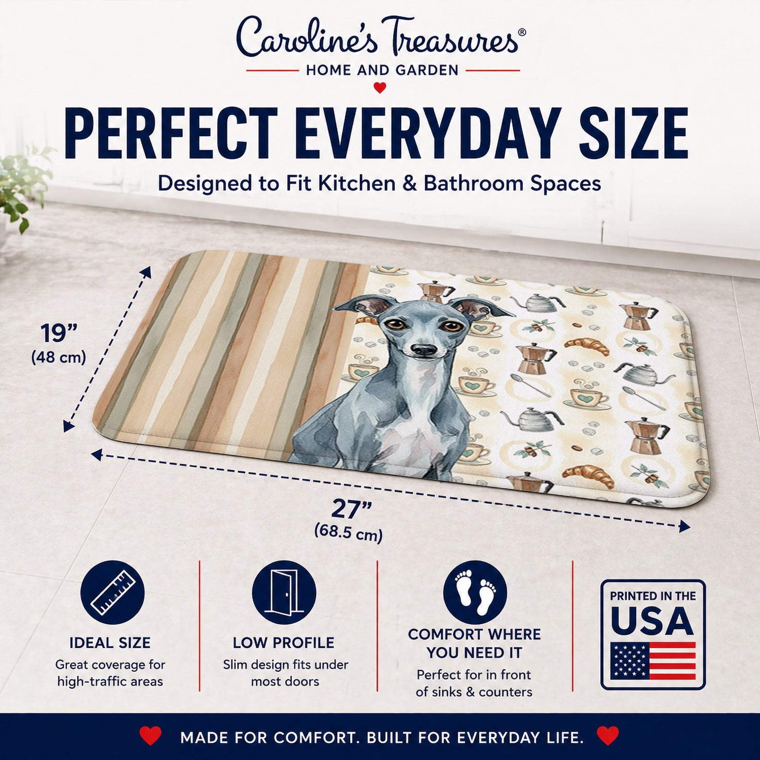 Blue Italian Greyhound Coffee Bar Memory Foam Kitchen Mat Machine Washable Anti-Fatigue Cushion Comfort Bath or Kitchen Rug
