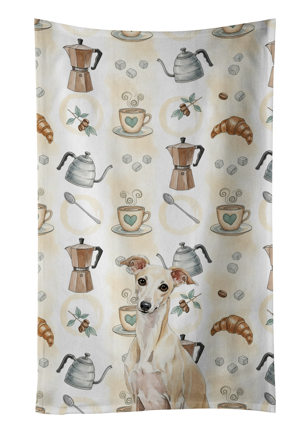 Cream Italian Greyhound Coffee Bar Kitchen Towel Velour Plush Front and Cotton Loop Back Machine Washable
