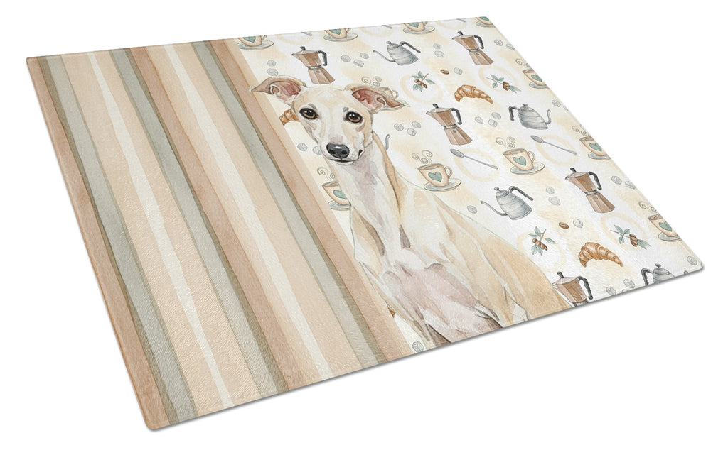 Cream Italian Greyhound Coffee Bar Cutting Board Tempered Glass Kitchen Cutting Surface, Heat Resistant Chopping, Non-Slip Feet, Food Prep & Serving
