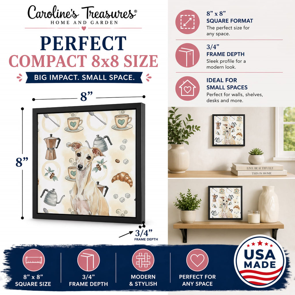 Cream Italian Greyhound Coffee Bar Framed Metal Print Bathroom, Kitchen, Office, Home Decor Wall Art Ready to Hang, Square, 8X8
