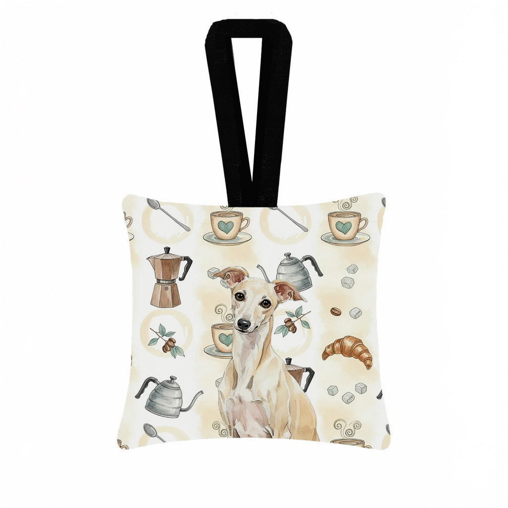 Cream Italian Greyhound Coffee Bar Hanging Square Fabric Ornament 3.5 � 3.5 Decorative Door-Knob & Tree Hanger, Soft Fabric