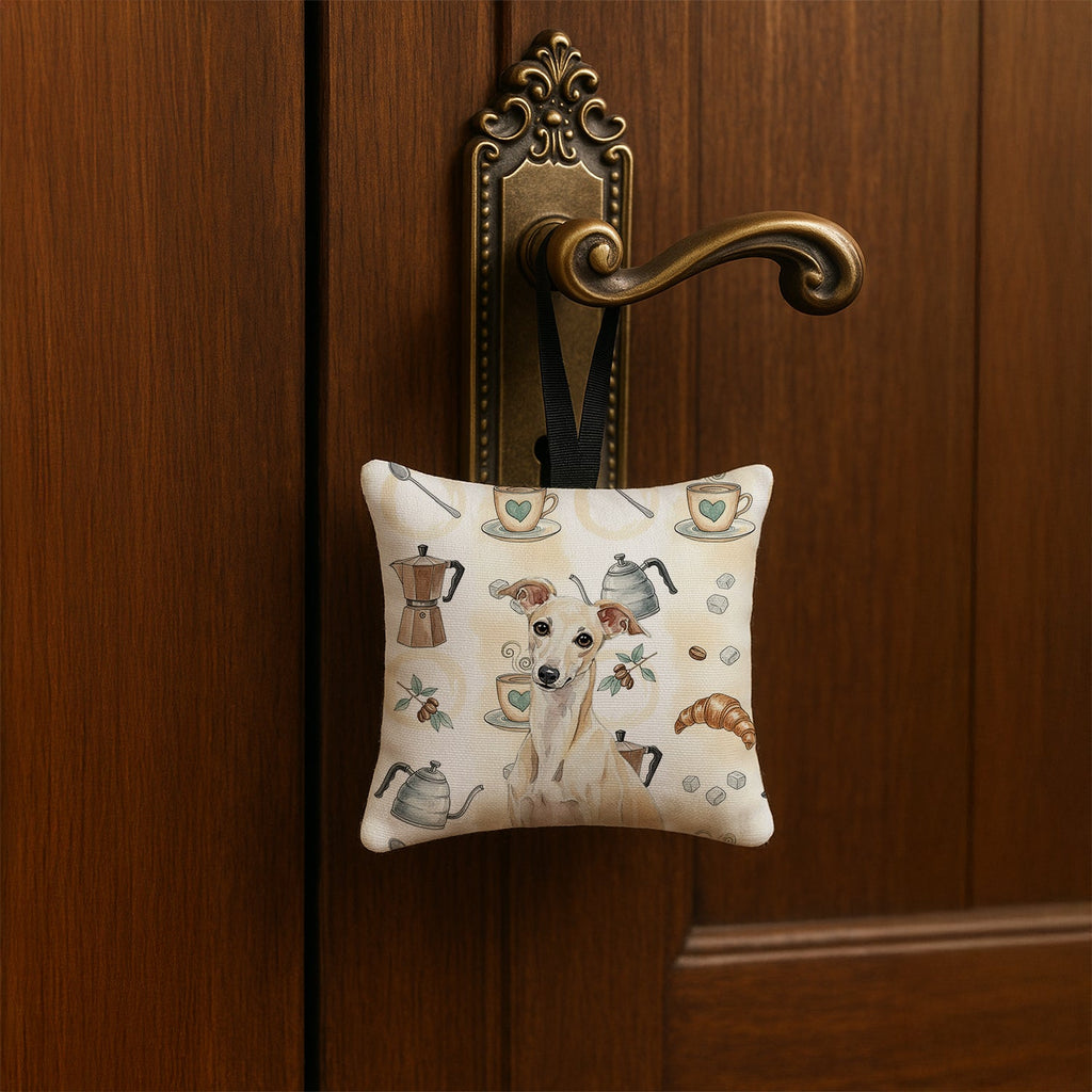 Cream Italian Greyhound Coffee Bar Hanging Square Fabric Ornament 3.5 � 3.5 Decorative Door-Knob & Tree Hanger, Soft Fabric