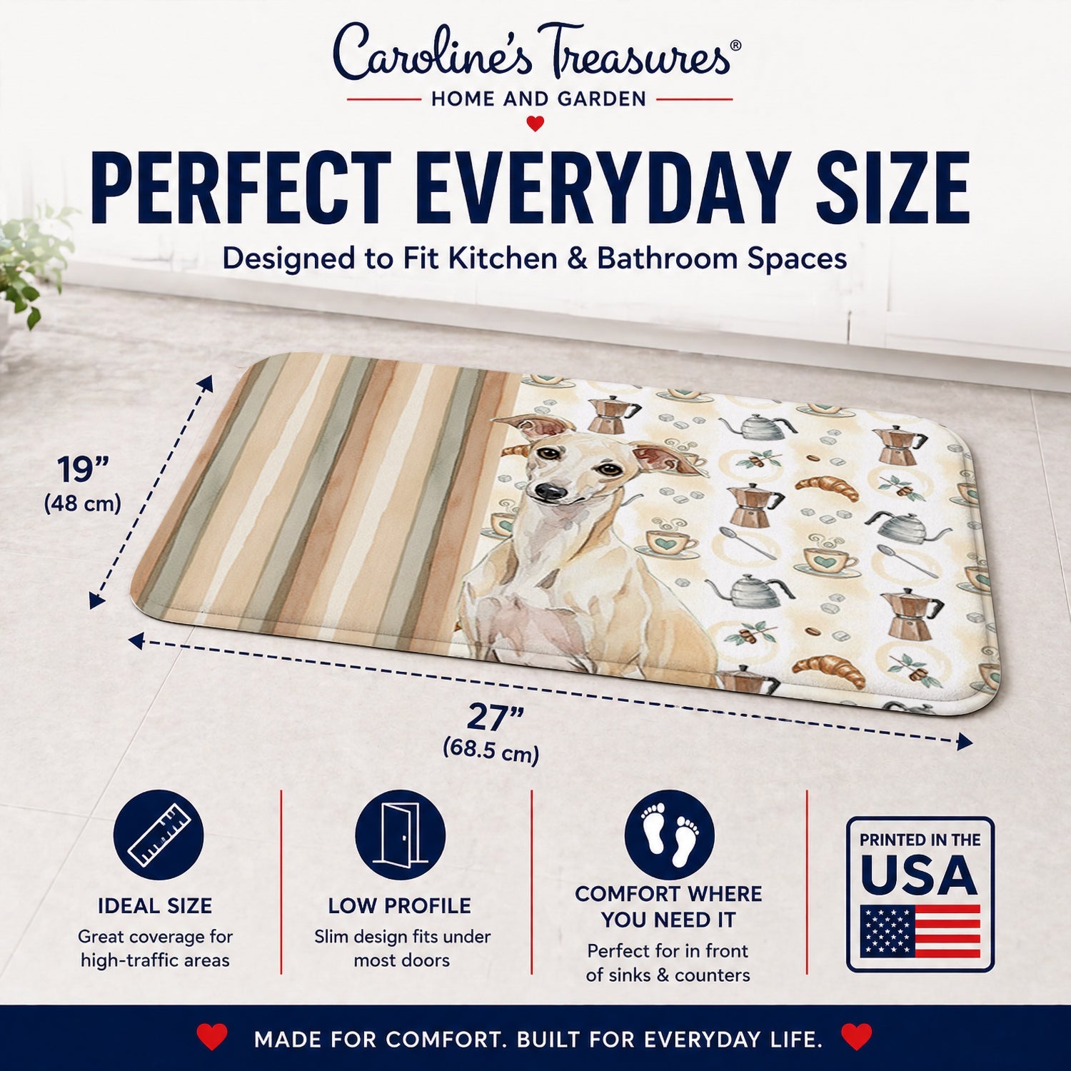 Cream Italian Greyhound Coffee Bar Memory Foam Kitchen Mat Machine Washable Anti-Fatigue Cushion Comfort Bath or Kitchen Rug