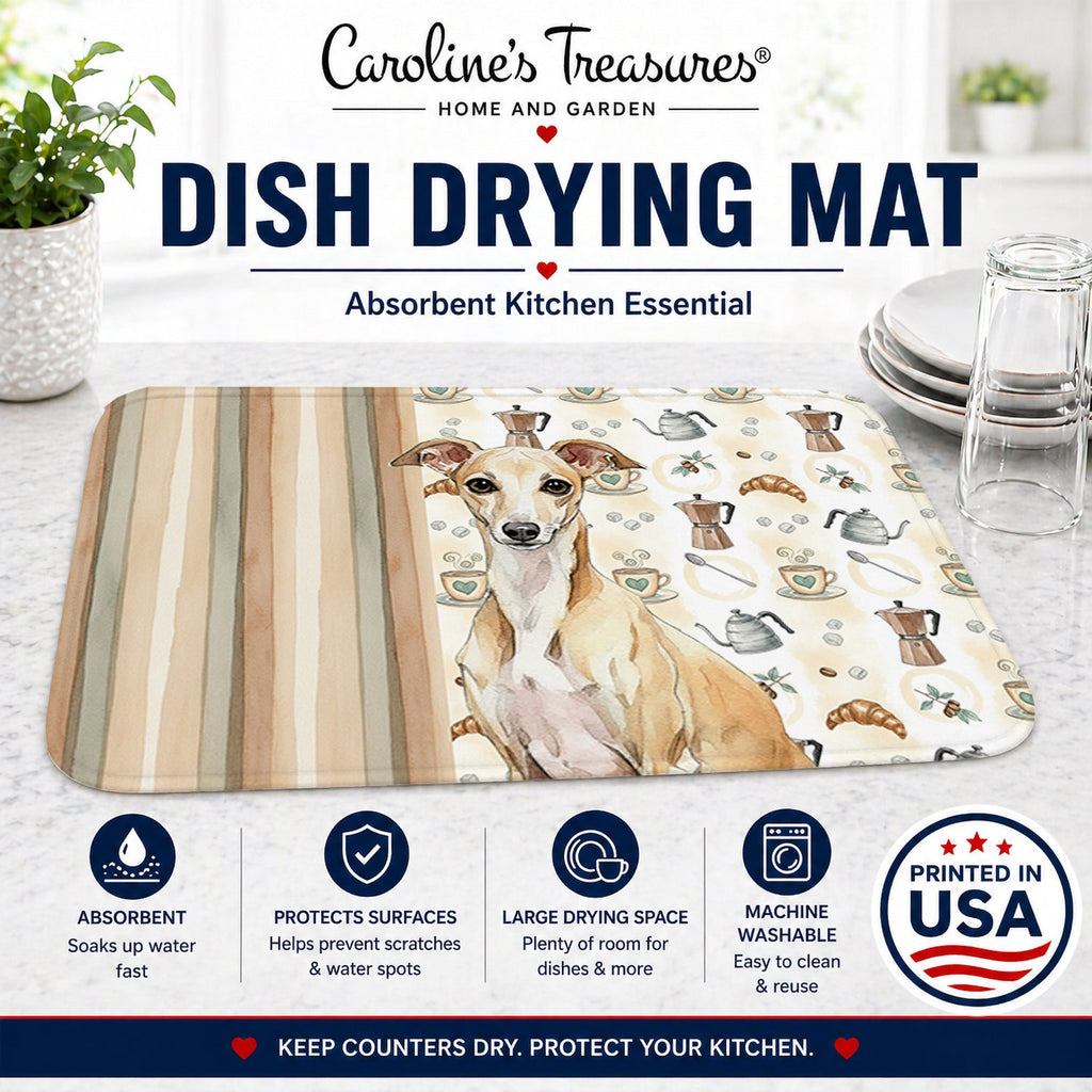Fawn Italian Greyhound Coffee Bar Dish Drying Mat Absorbent Dish Drying Mat Pad for Kitchen Counter Dish Drainer Mat for Countertop, 14 x 21", Multicolor