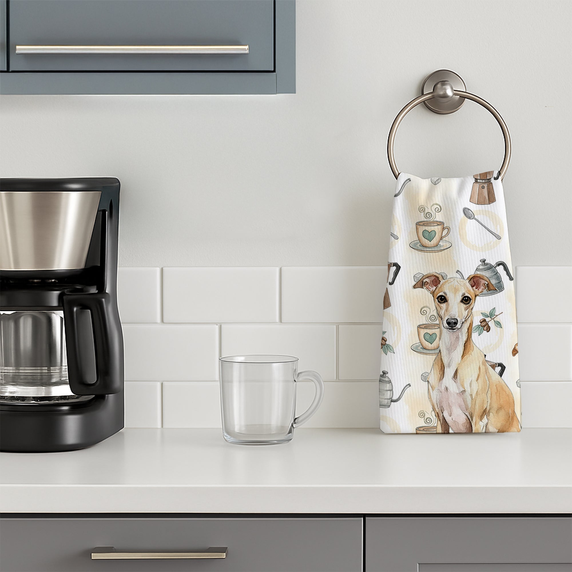 Fawn Italian Greyhound Coffee Bar Kitchen Towel Velour Plush Front and Cotton Loop Back Machine Washable