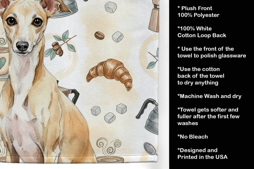 Fawn Italian Greyhound Coffee Bar Kitchen Towel Velour Plush Front and Cotton Loop Back Machine Washable