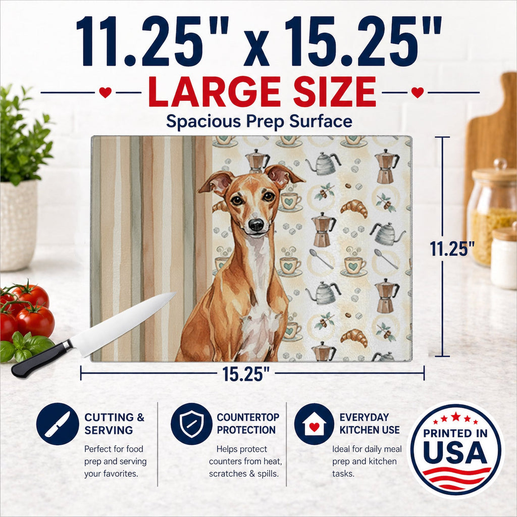Red Italian Greyhound Coffee Bar Cutting Board Tempered Glass Kitchen Cutting Surface, Heat Resistant Chopping, Non-Slip Feet, Food Prep & Serving