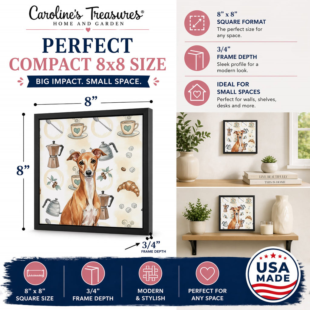 Red Italian Greyhound Coffee Bar Framed Metal Print Bathroom, Kitchen, Office, Home Decor Wall Art Ready to Hang, Square, 8X8