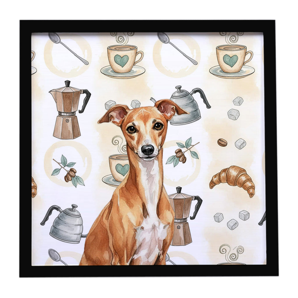 Red Italian Greyhound Coffee Bar Framed Metal Print Bathroom, Kitchen, Office, Home Decor Wall Art Ready to Hang, Square, 8X8