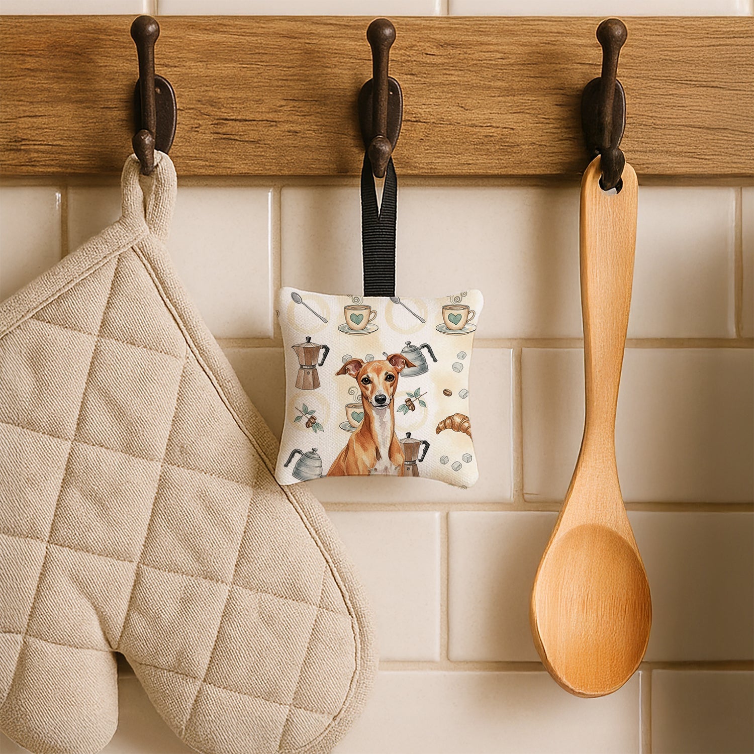 Red Italian Greyhound Coffee Bar Hanging Square Fabric Ornament 3.5 � 3.5 Decorative Door-Knob & Tree Hanger, Soft Fabric