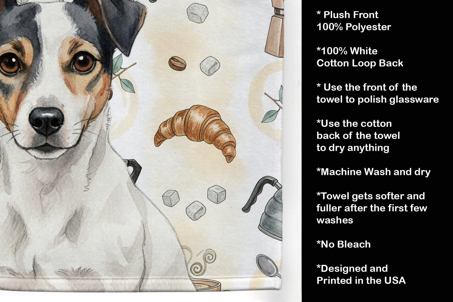 White and Black Jack Russell Terrier Coffee Bar Kitchen Towel Velour Plush Front and Cotton Loop Back Machine Washable