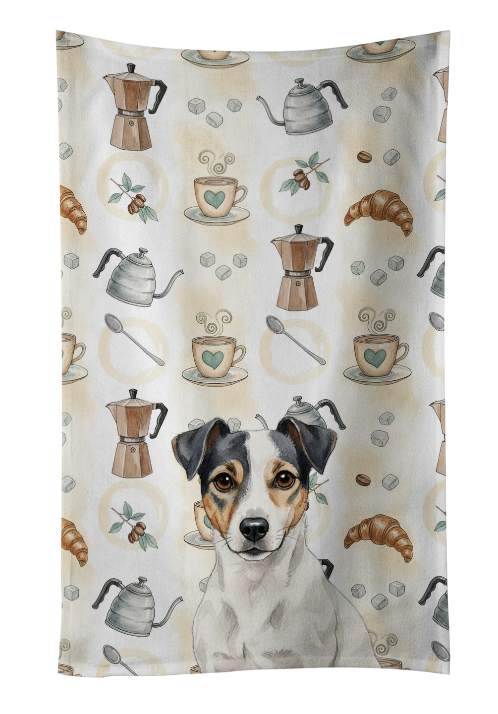 White and Black Jack Russell Terrier Coffee Bar Kitchen Towel Velour Plush Front and Cotton Loop Back Machine Washable