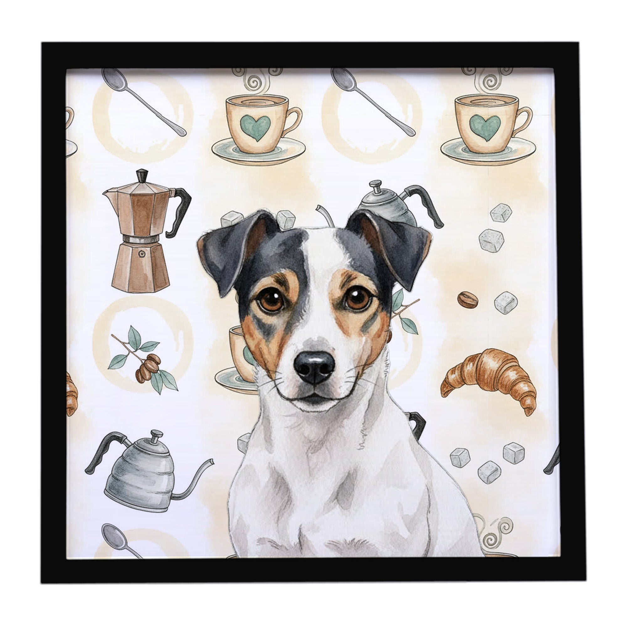 White and Black Jack Russell Terrier Coffee Bar Framed Metal Print Bathroom, Kitchen, Office, Home Decor Wall Art Ready to Hang, Square, 8X8