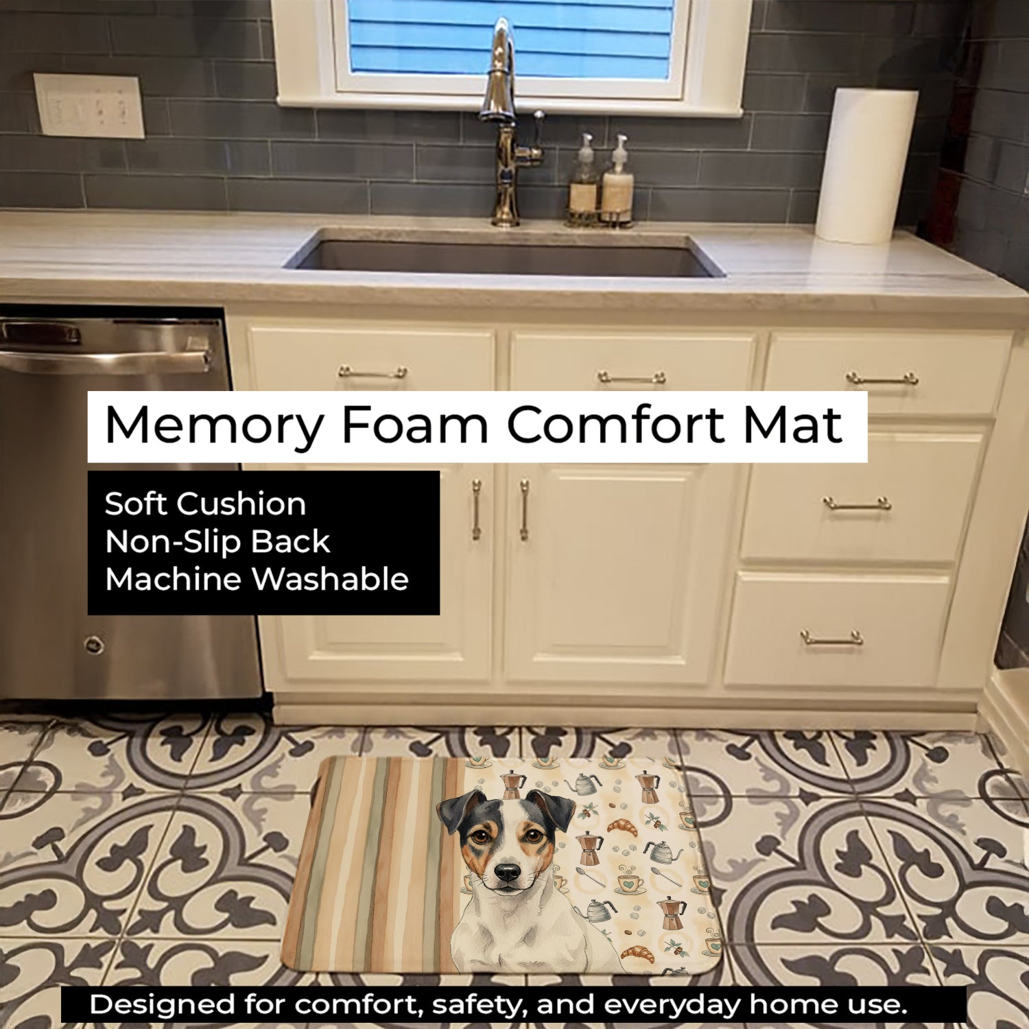 White and Black Jack Russell Terrier Coffee Bar Memory Foam Kitchen Mat Machine Washable Anti-Fatigue Cushion Comfort Bath or Kitchen Rug