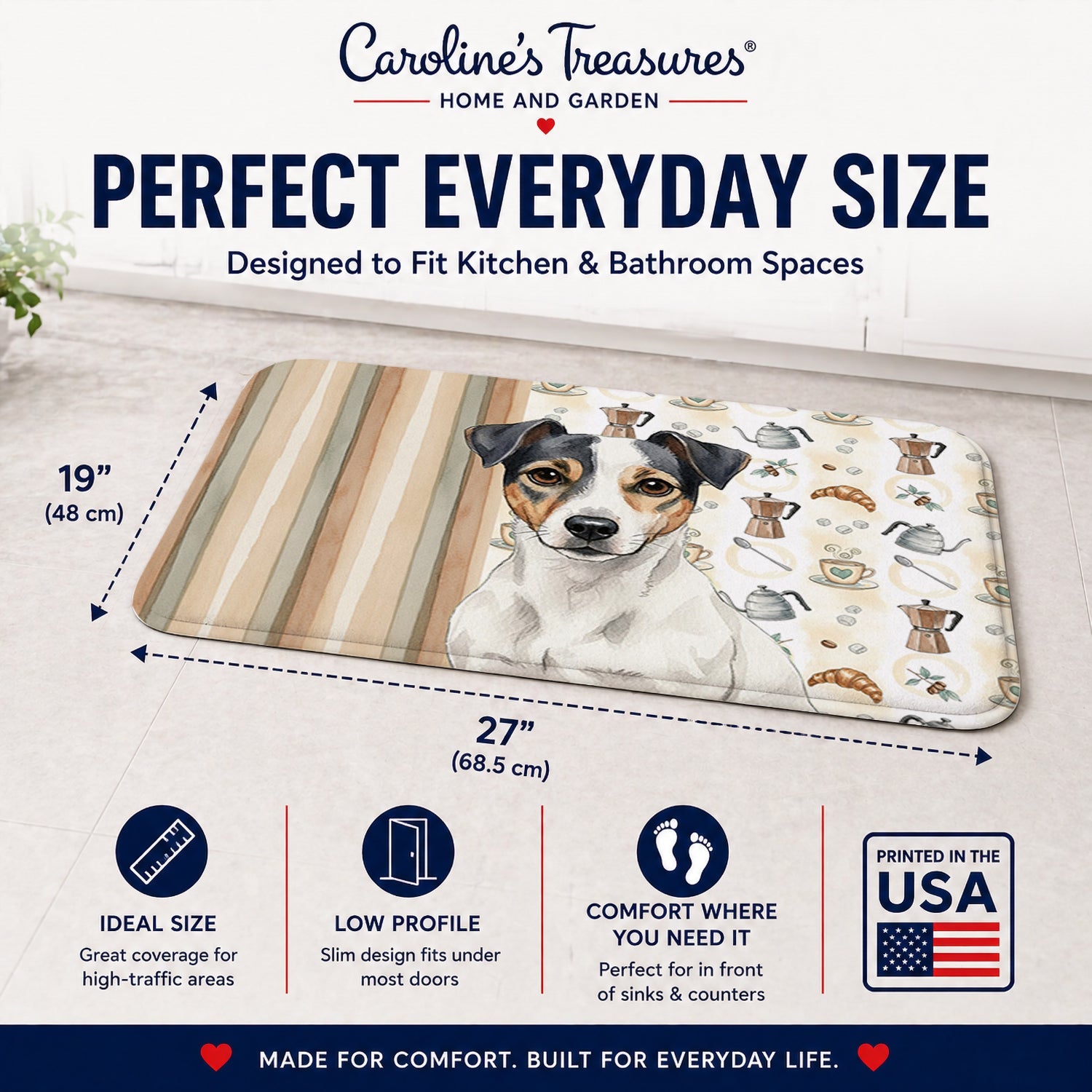 White and Black Jack Russell Terrier Coffee Bar Memory Foam Kitchen Mat Machine Washable Anti-Fatigue Cushion Comfort Bath or Kitchen Rug