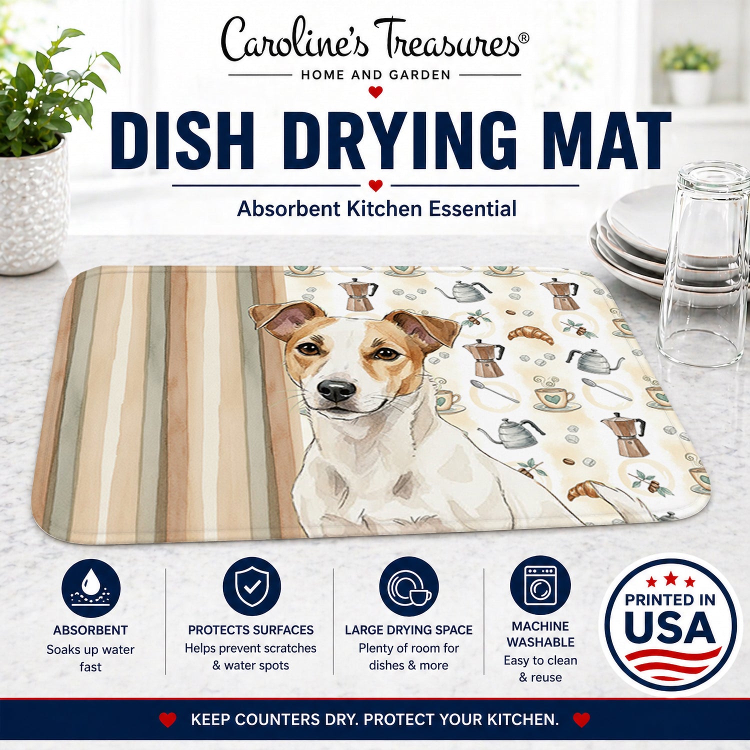 White and Tan Jack Russell Terrier Coffee Bar Dish Drying Mat Absorbent Dish Drying Mat Pad for Kitchen Counter Dish Drainer Mat for Countertop, 14 x 21", Multicolor