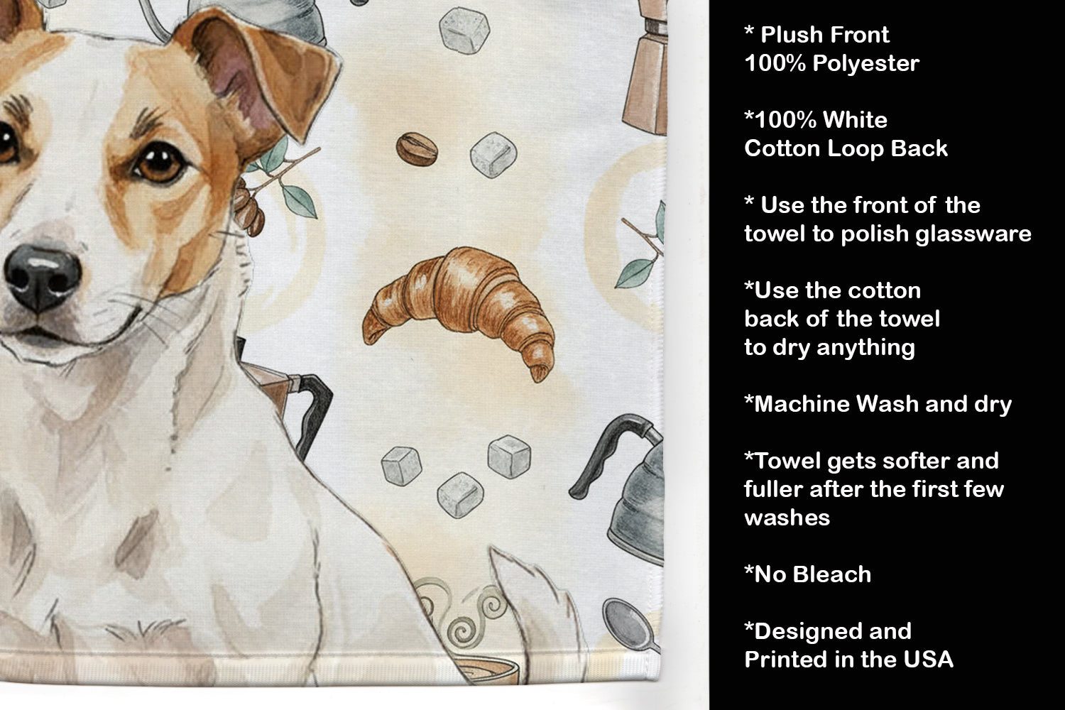 White and Tan Jack Russell Terrier Coffee Bar Kitchen Towel Velour Plush Front and Cotton Loop Back Machine Washable