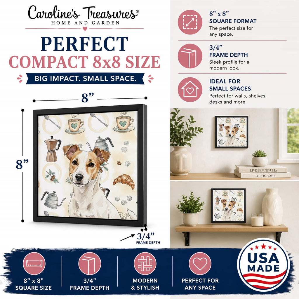 White and Tan Jack Russell Terrier Coffee Bar Framed Metal Print Bathroom, Kitchen, Office, Home Decor Wall Art Ready to Hang, Square, 8X8