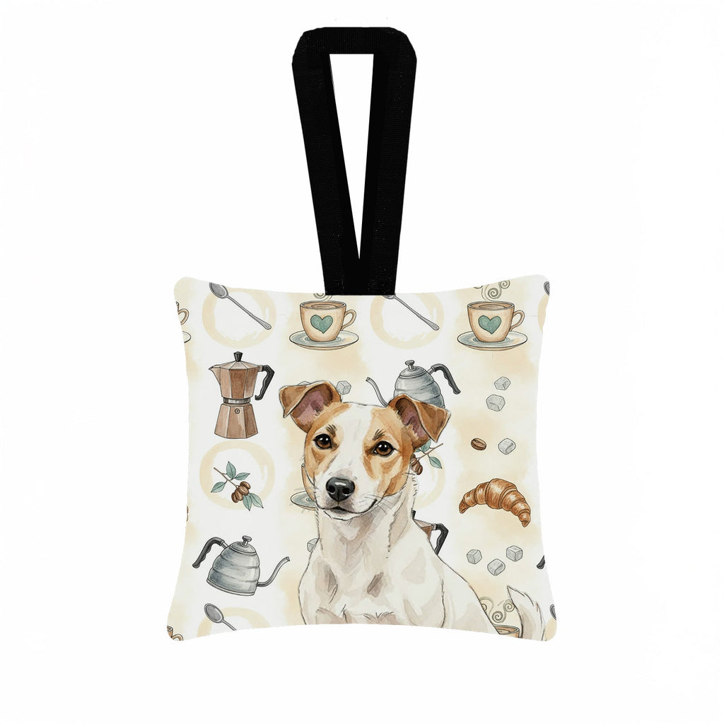 White and Tan Jack Russell Terrier Coffee Bar Hanging Square Fabric Ornament 3.5 � 3.5 Decorative Door-Knob & Tree Hanger, Soft Fabric