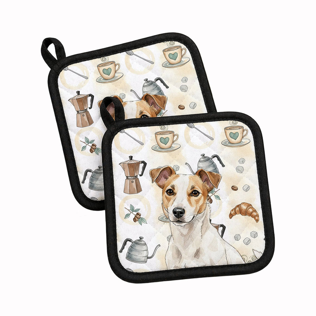 White and Tan Jack Russell Terrier Coffee Bar Pot Holder Set of 2 Heat Resistant Quilted Hot Pads 7.5 x 7.5 Inch, Insulated Kitchen Trivets for Cooking & Baking