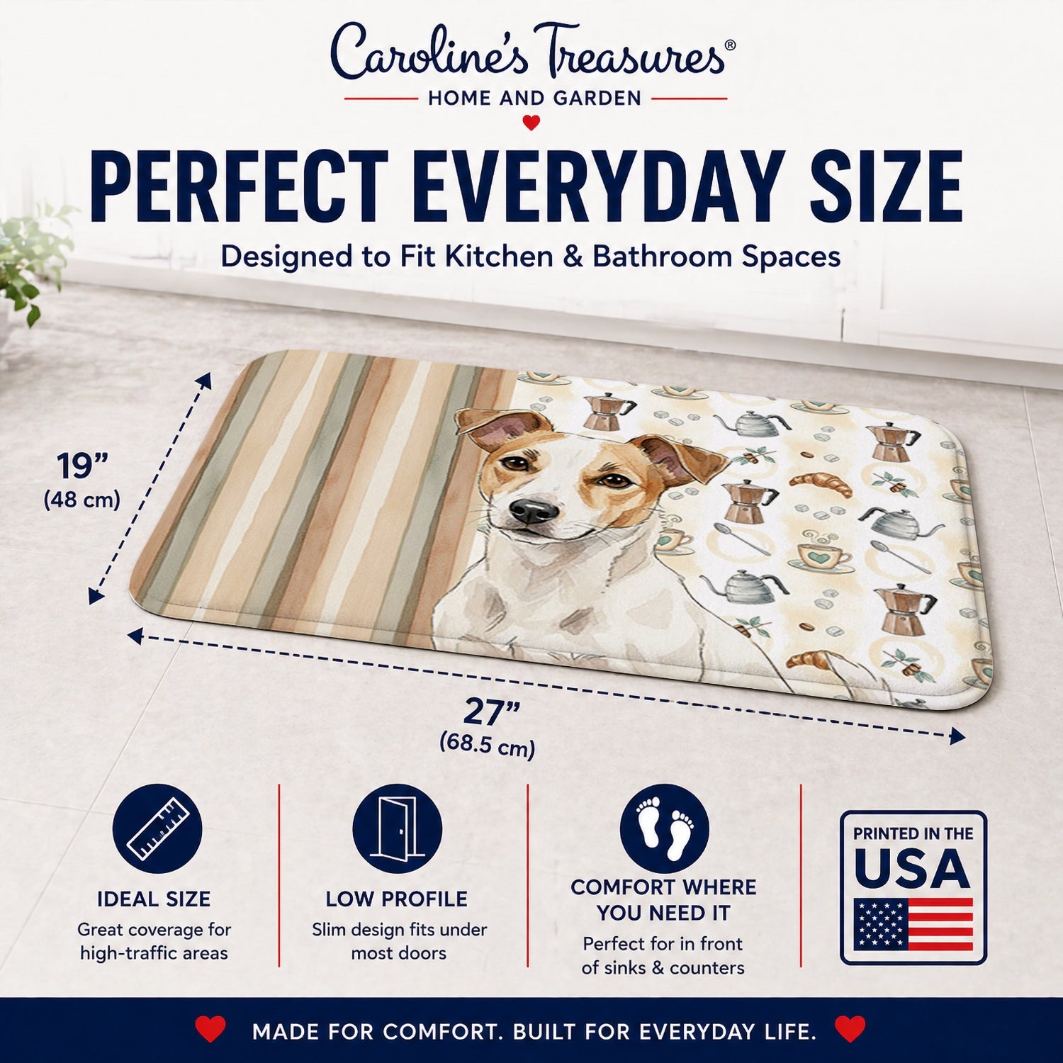 White and Tan Jack Russell Terrier Coffee Bar Memory Foam Kitchen Mat Machine Washable Anti-Fatigue Cushion Comfort Bath or Kitchen Rug