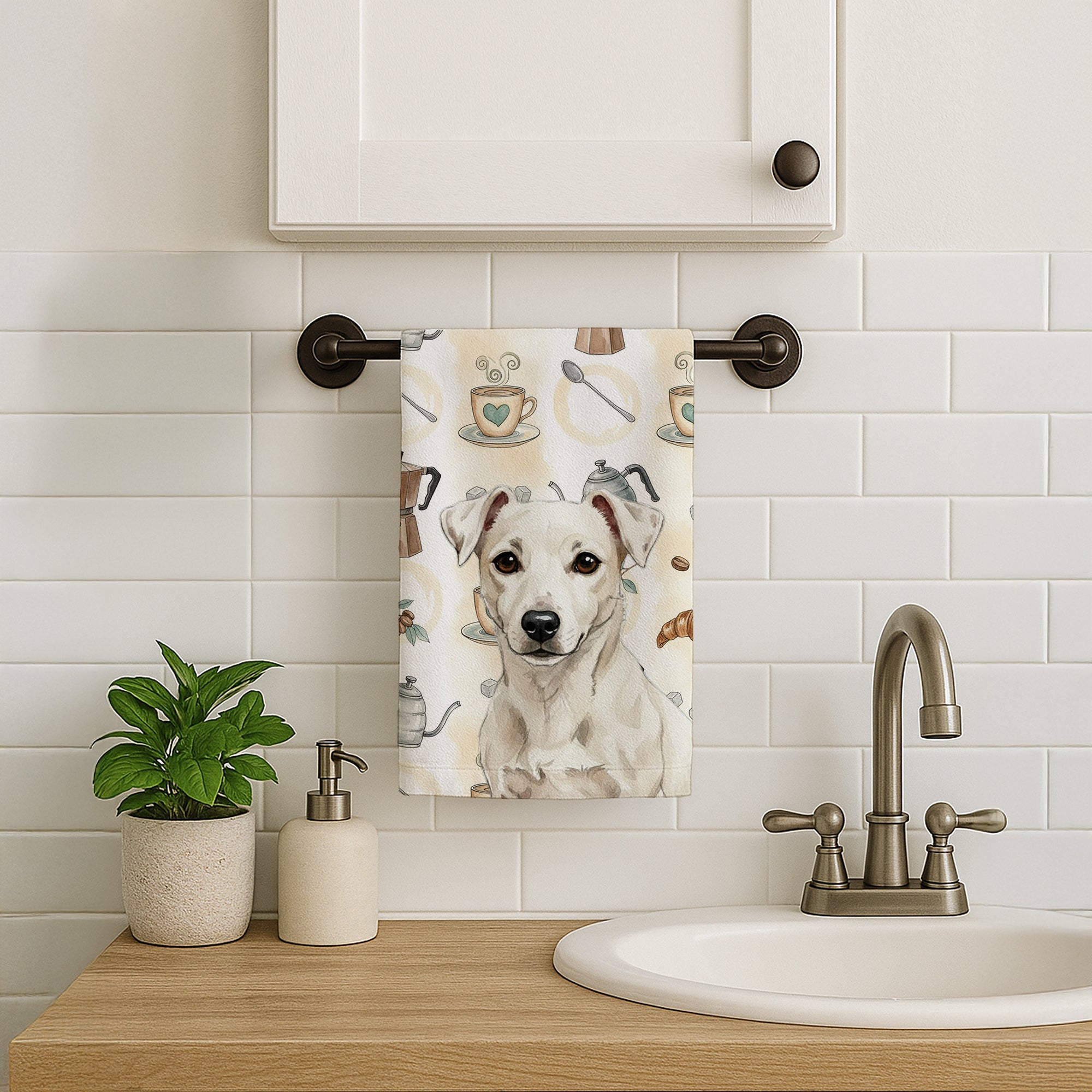 White Jack Russell Terrier Coffee Bar Kitchen Towel Velour Plush Front and Cotton Loop Back Machine Washable