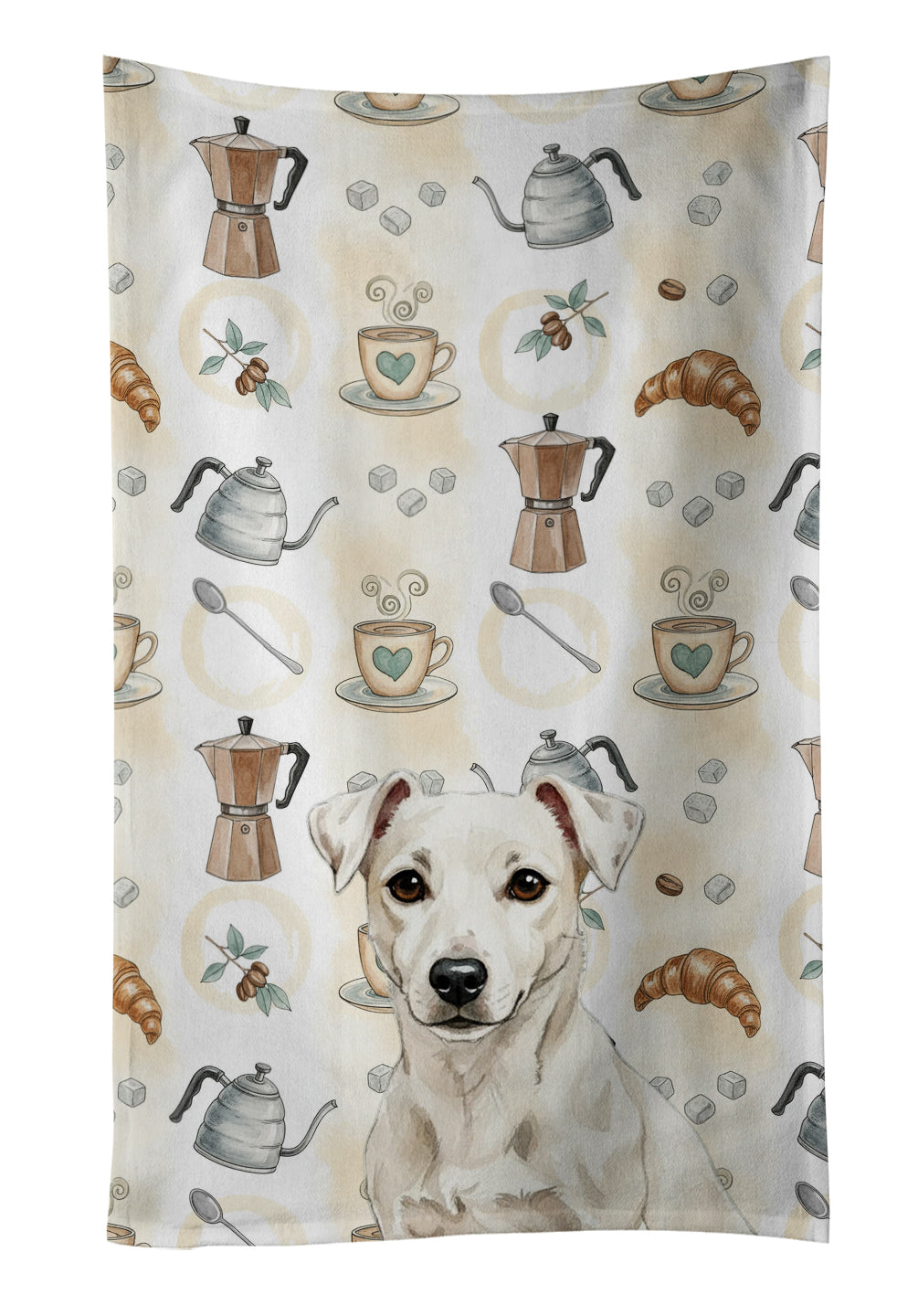 White Jack Russell Terrier Coffee Bar Kitchen Towel Velour Plush Front and Cotton Loop Back Machine Washable