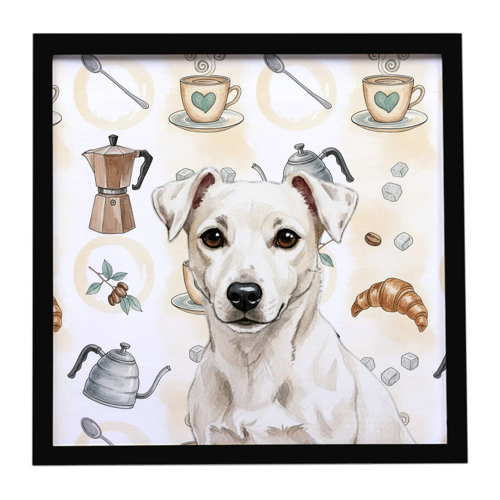 White Jack Russell Terrier Coffee Bar Framed Metal Print Bathroom, Kitchen, Office, Home Decor Wall Art Ready to Hang, Square, 8X8