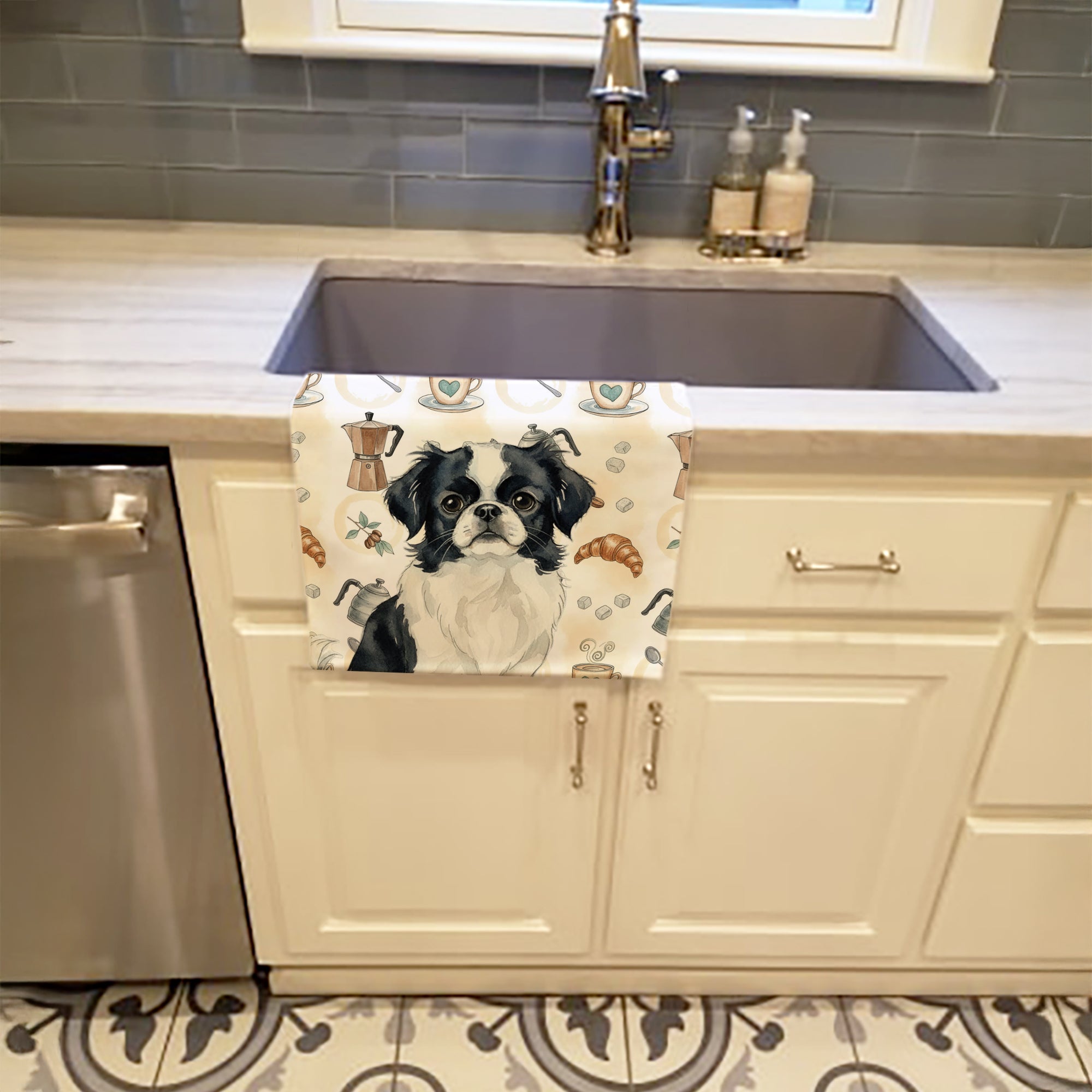 Black and White Japanese Chin Coffee Bar Kitchen Towel Velour Plush Front and Cotton Loop Back Machine Washable