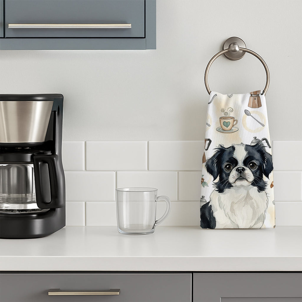 Black and White Japanese Chin Coffee Bar Kitchen Towel Velour Plush Front and Cotton Loop Back Machine Washable