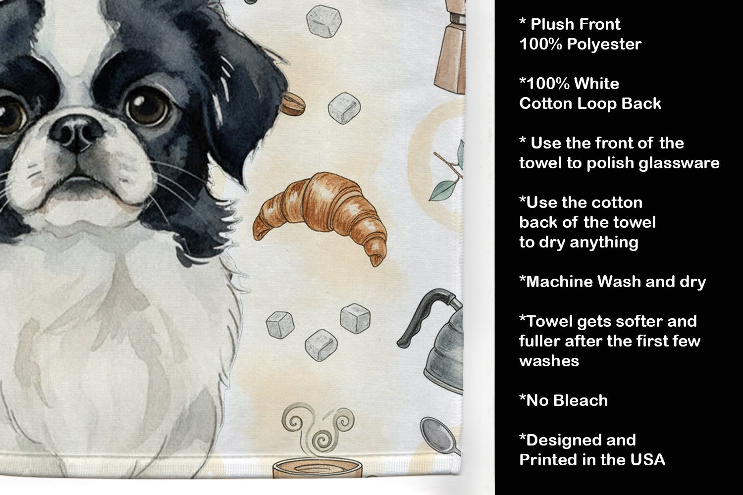 Black and White Japanese Chin Coffee Bar Kitchen Towel Velour Plush Front and Cotton Loop Back Machine Washable