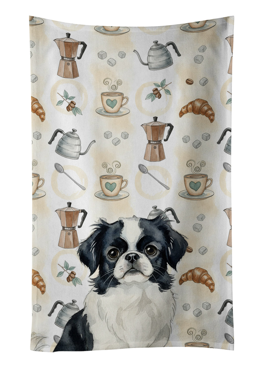 Black and White Japanese Chin Coffee Bar Kitchen Towel Velour Plush Front and Cotton Loop Back Machine Washable
