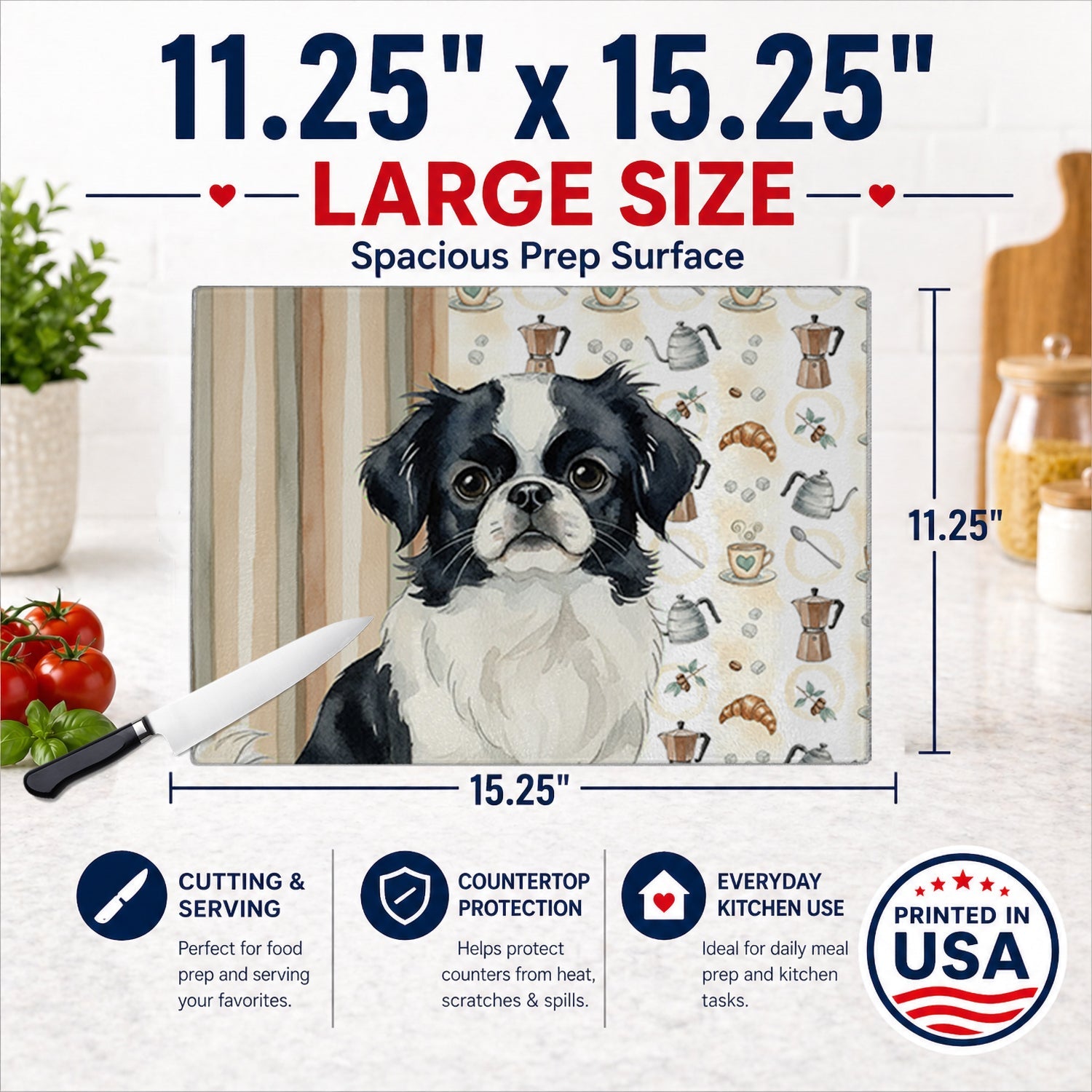 Black and White Japanese Chin Coffee Bar Cutting Board Tempered Glass Kitchen Cutting Surface, Heat Resistant Chopping, Non-Slip Feet, Food Prep & Serving