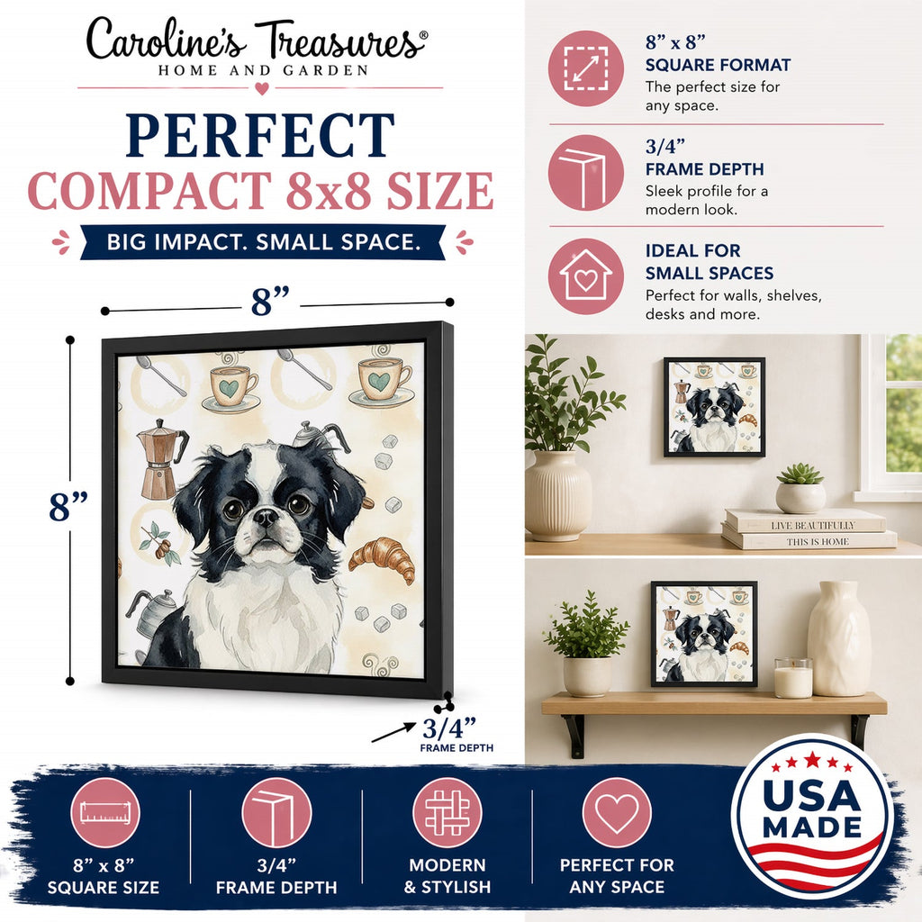Black and White Japanese Chin Coffee Bar Framed Metal Print Bathroom, Kitchen, Office, Home Decor Wall Art Ready to Hang, Square, 8X8