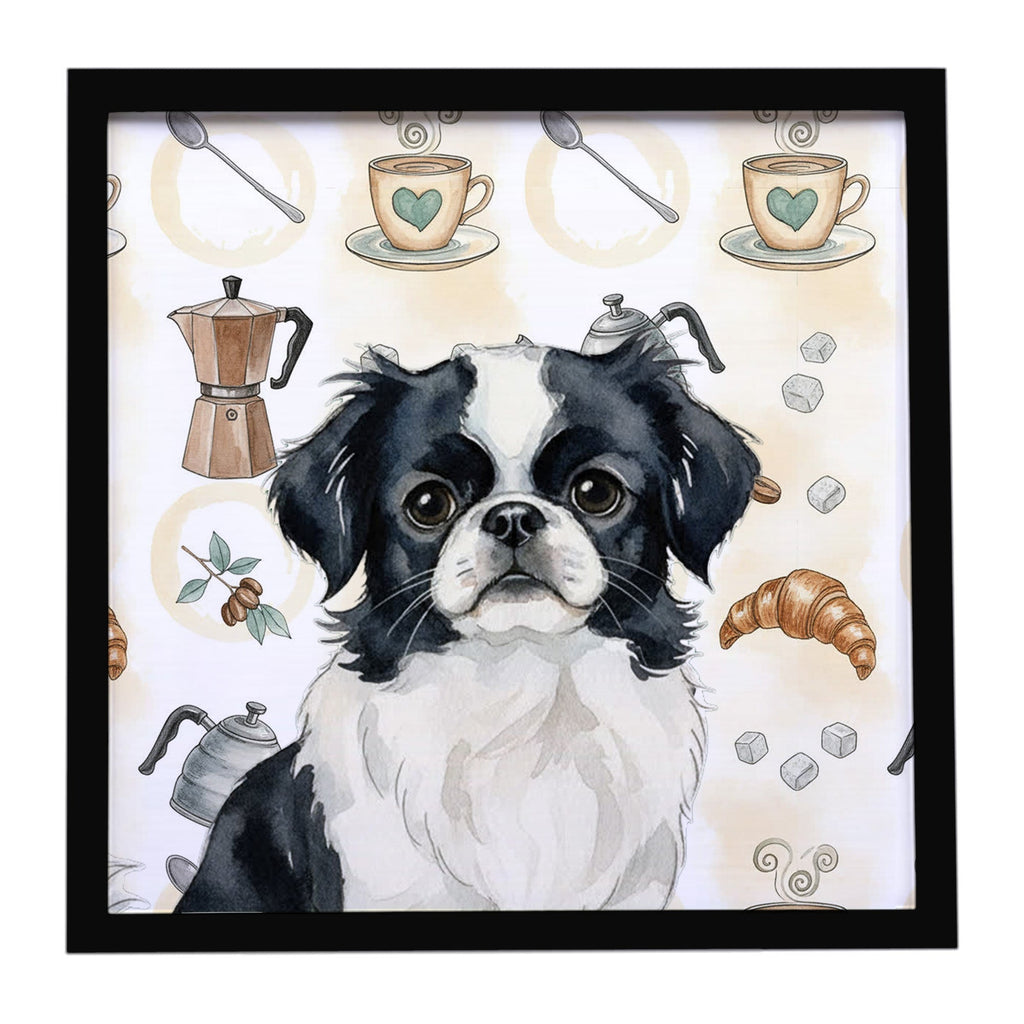 Black and White Japanese Chin Coffee Bar Framed Metal Print Bathroom, Kitchen, Office, Home Decor Wall Art Ready to Hang, Square, 8X8